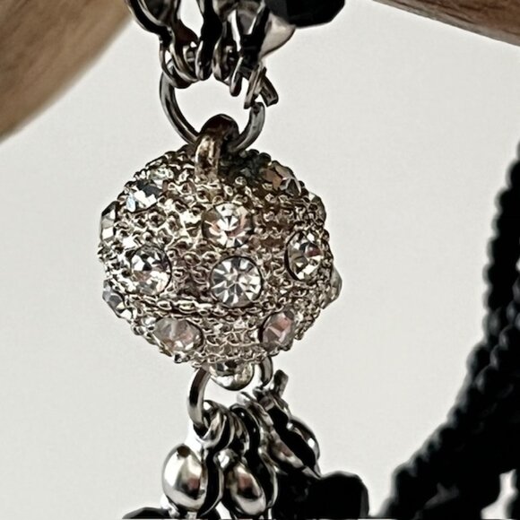 Beaded Bracelet Black Multistrand Rhinestone Magnetic Closure Siver Tone Formal - Picture 3 of 7